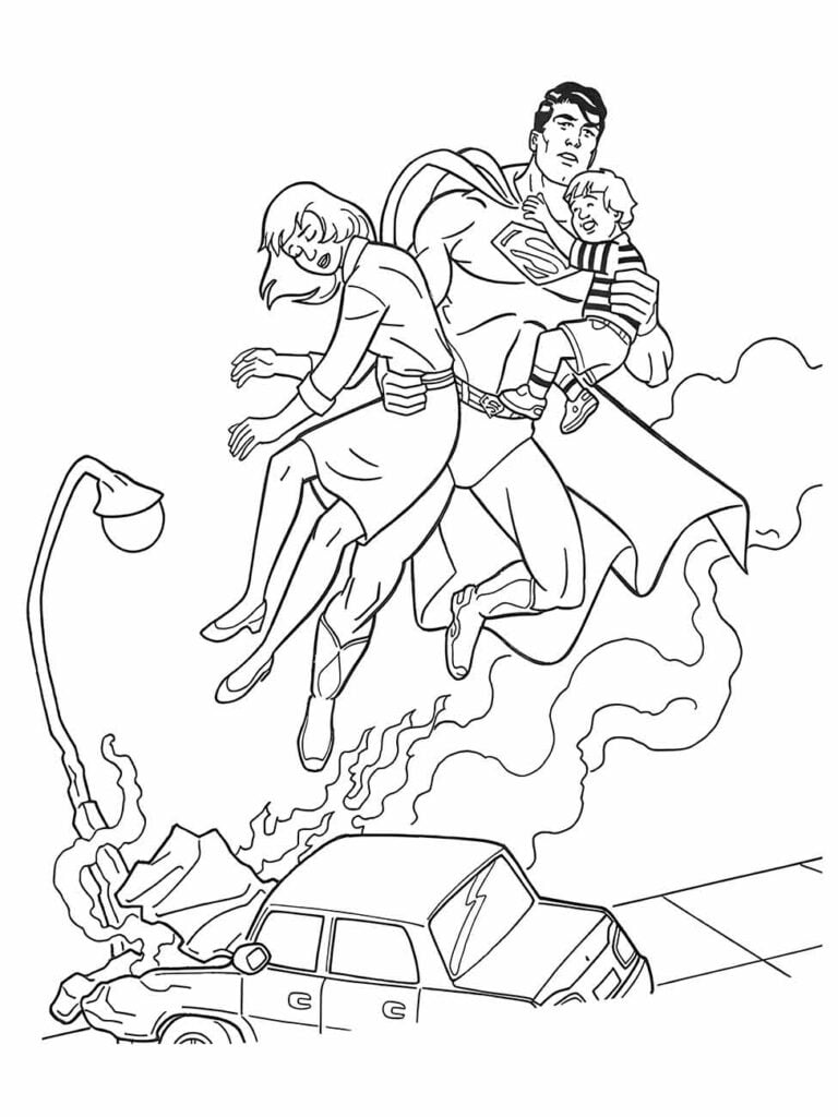 Desenho para colorir do Super-Homem resgatando uma família de um acidente de carro.