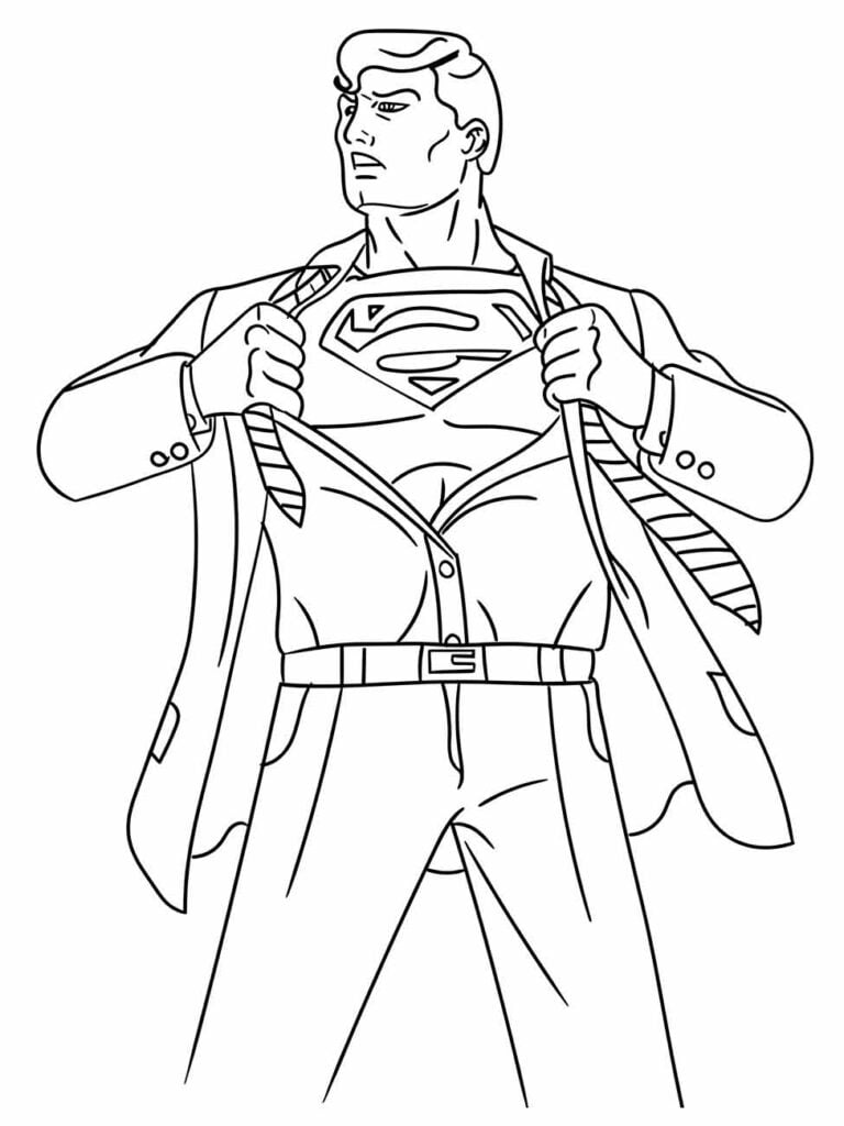 Desenho para colorir do Super-Homem revelando sua identidade secreta ao abrir a camisa.