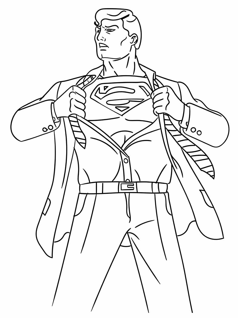 Desenho para colorir do Super-Homem revelando sua identidade secreta ao abrir a camisa.