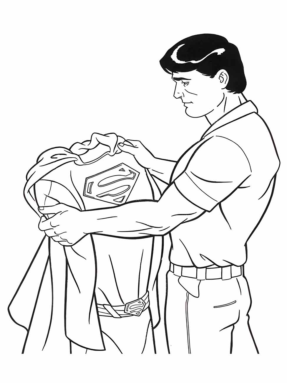 Desenho para colorir do Super-Homem segurando sua capa com carinho.