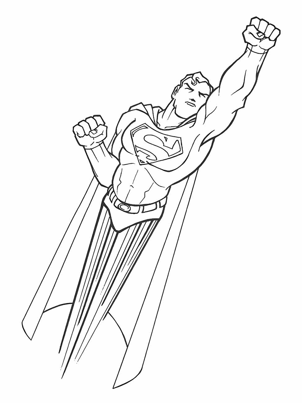 Desenho para colorir do Super-Homem subindo com o punho erguido.