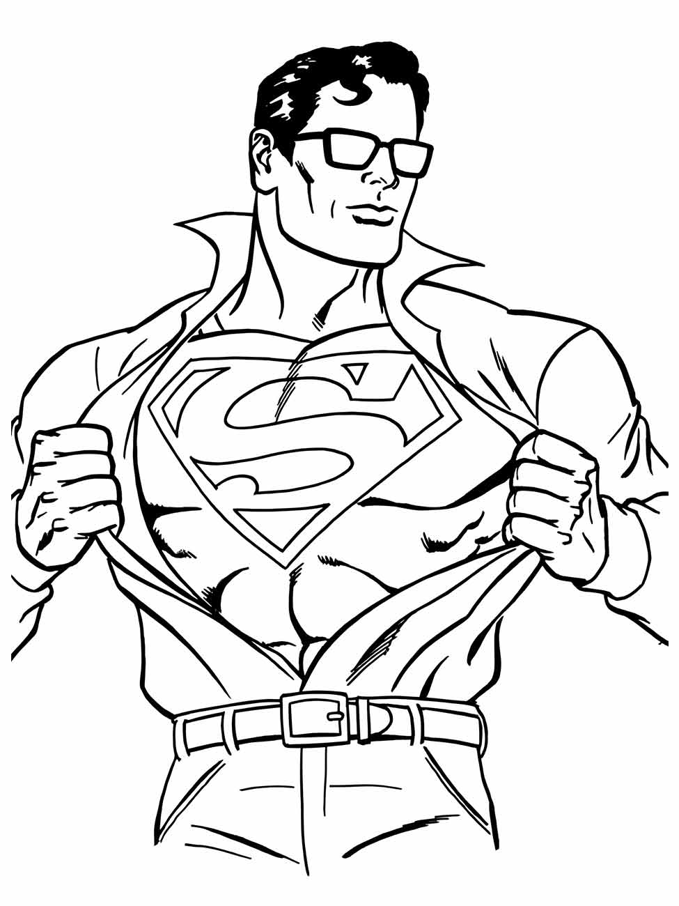 Desenho para colorir do Super-Homem se transformando ao abrir a camisa.