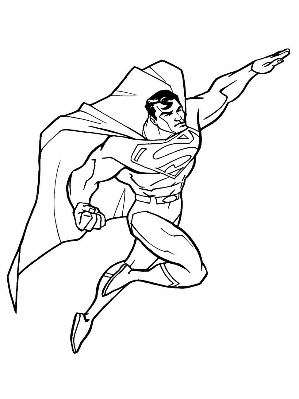 Desenho para colorir do Super-Homem voando com um braço estendido para frente.