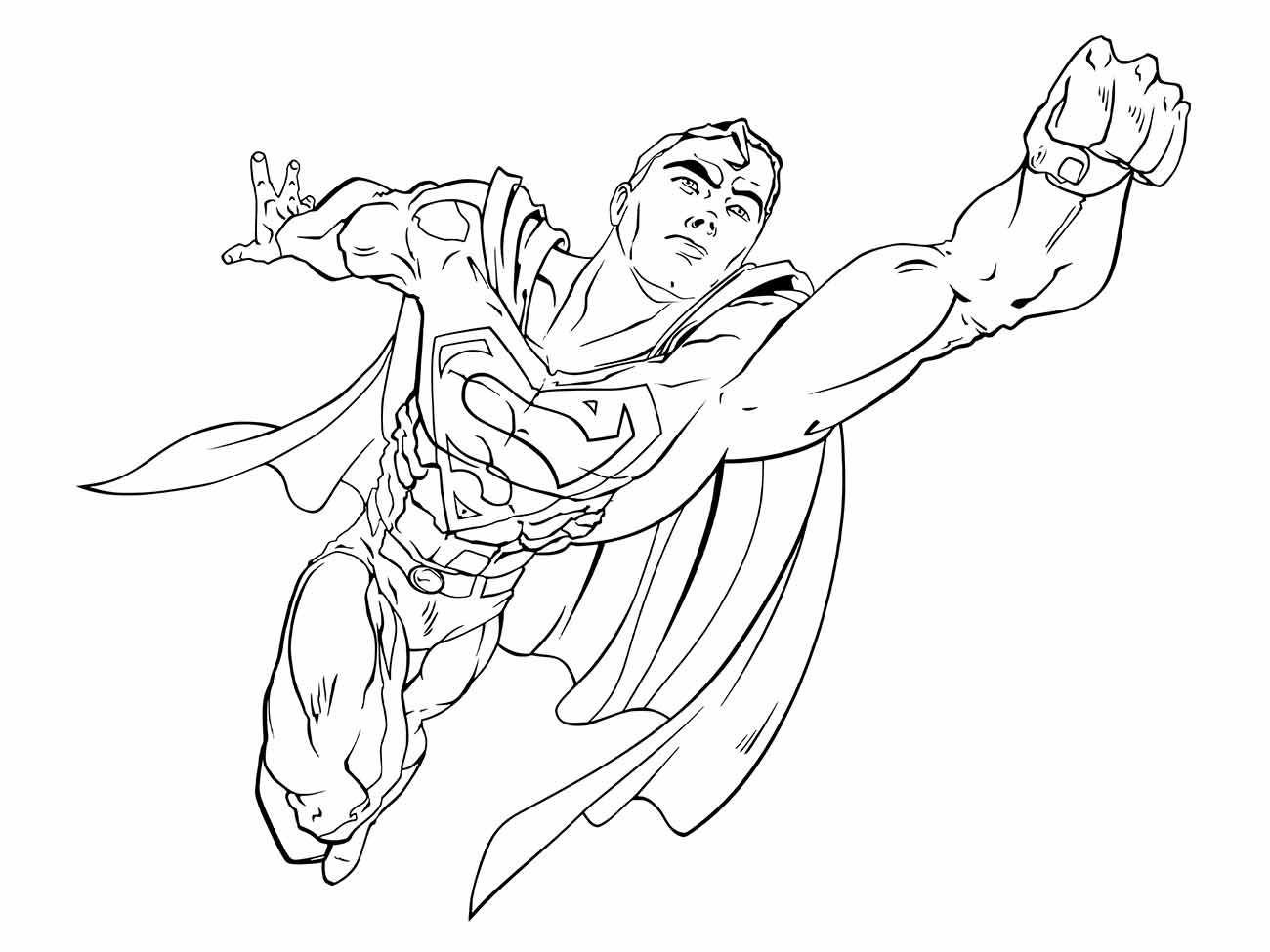 Desenho para colorir do Super-Homem voando com um punho estendido.