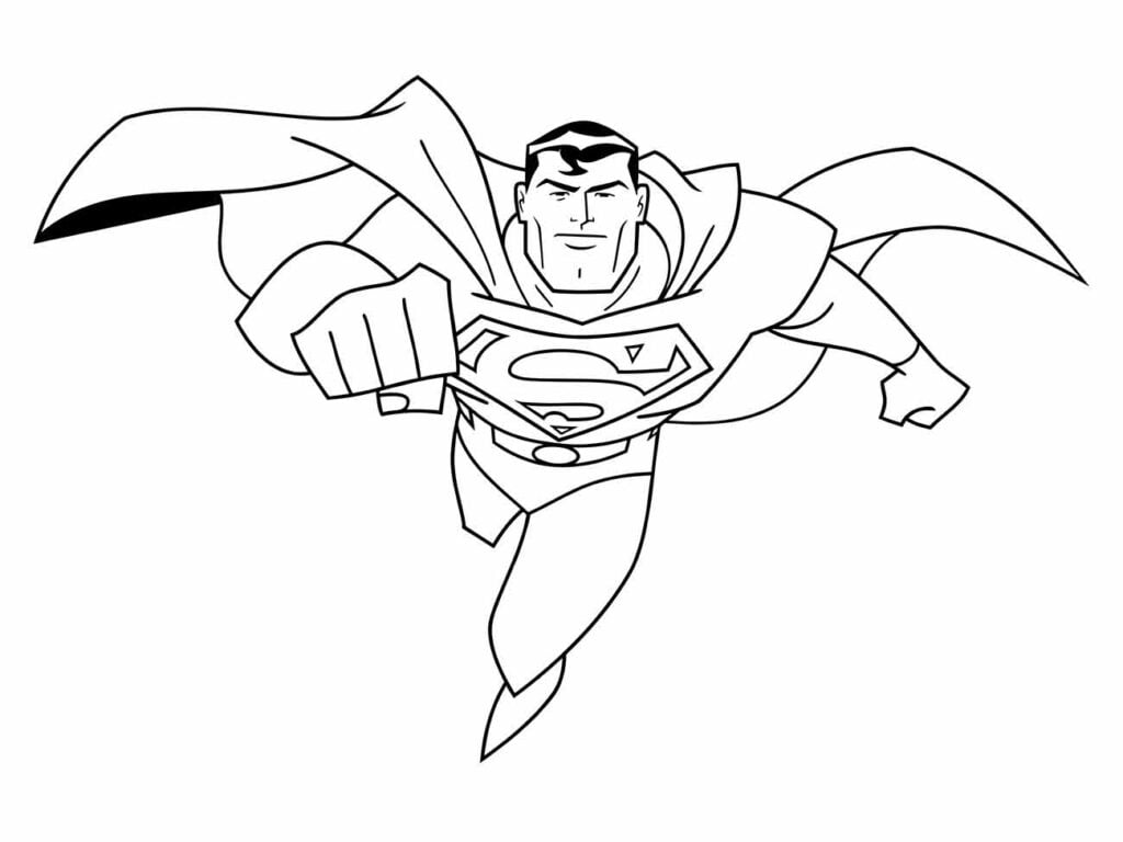 Desenho para colorir do Super-Homem voando com um punho estendido para frente.