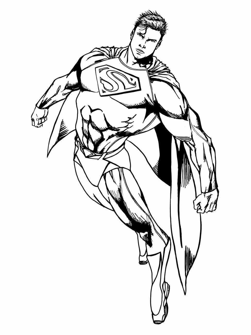 Desenho para colorir do Super-Homem voando de lado.