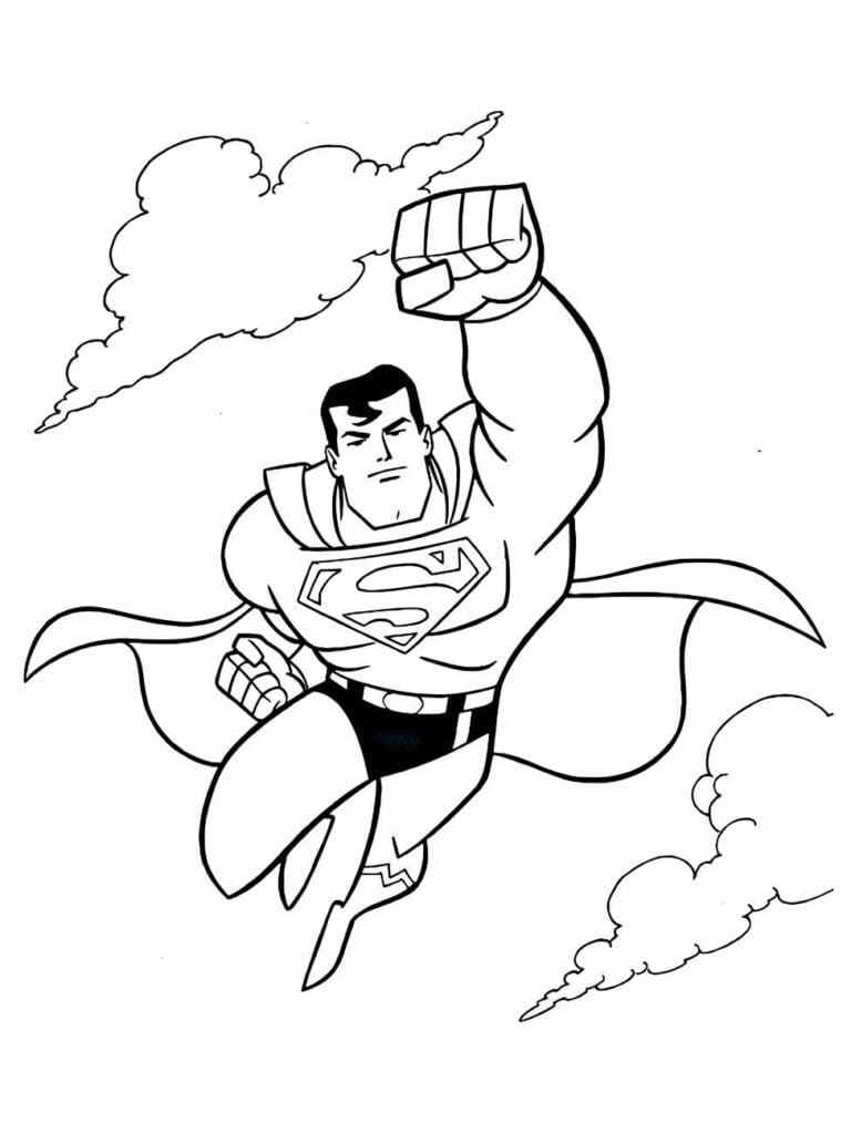 Desenho para colorir do Super-Homem voando entre as nuvens.