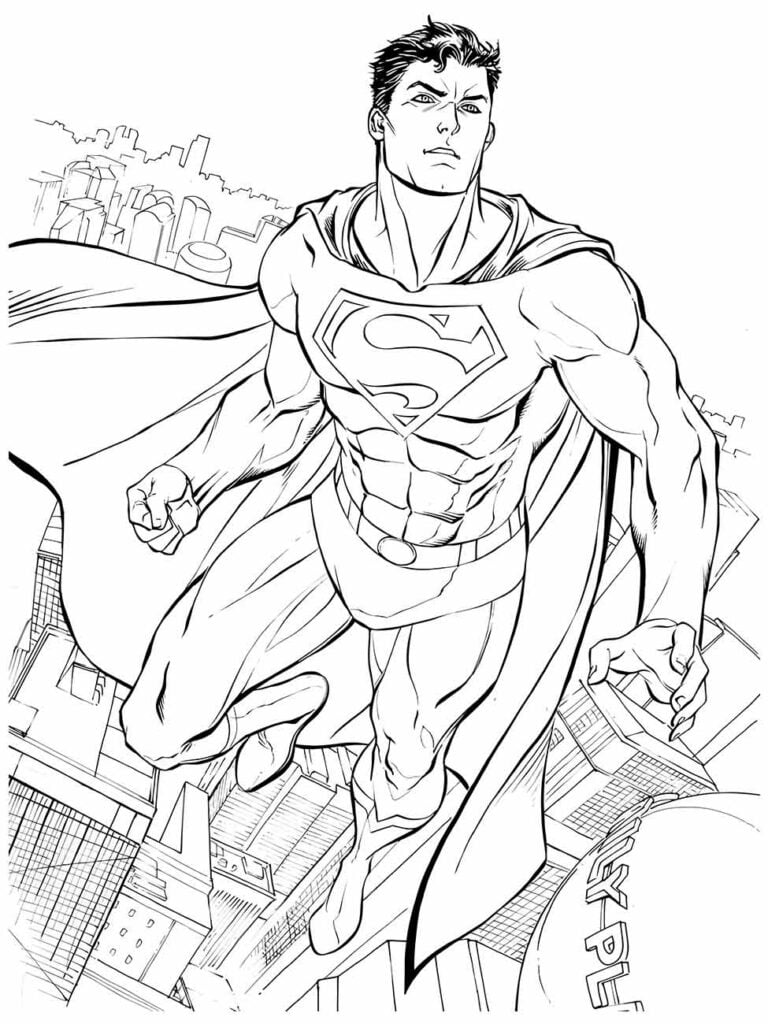 Desenho para colorir do Super-Homem voando sobre a cidade.