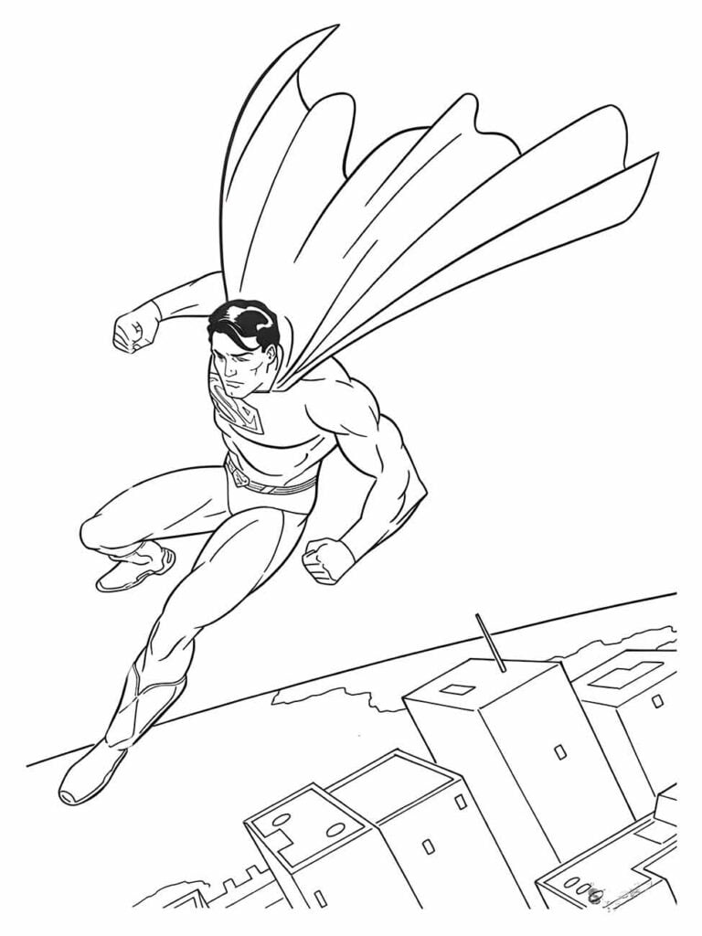 Desenho para colorir do Super-Homem voando sobre prédios com os punhos cerrados.