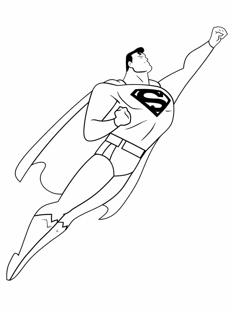 Desenho para colorir do Super-Homem voando na diagonal.