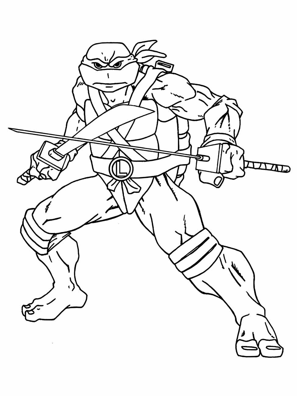 Desenho para colorir do Leonardo das Tartarugas Ninjas empunhando duas espadas em posição de luta.