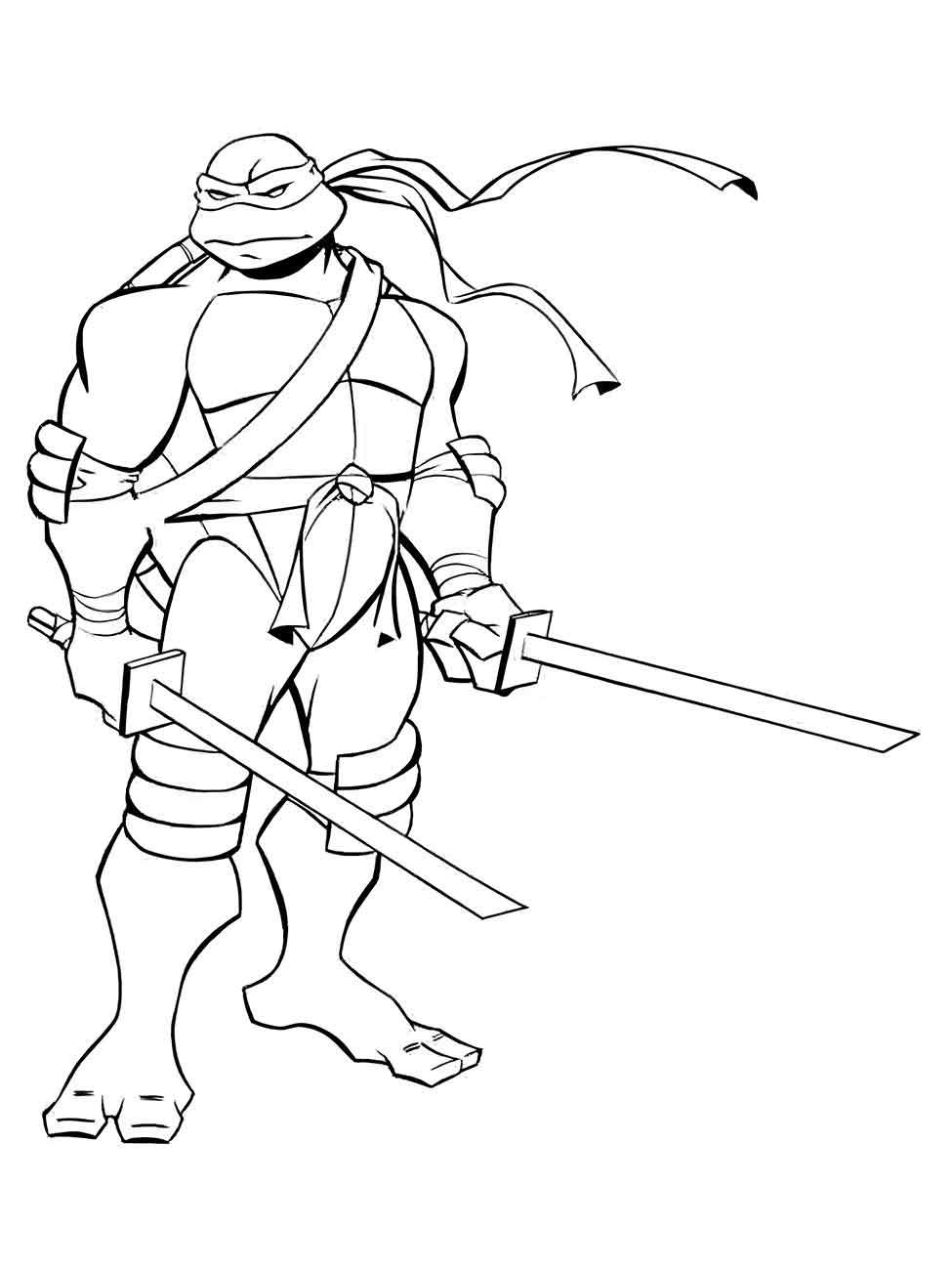 Desenho para colorir do Leonardo das Tartarugas Ninjas com duas espadas.