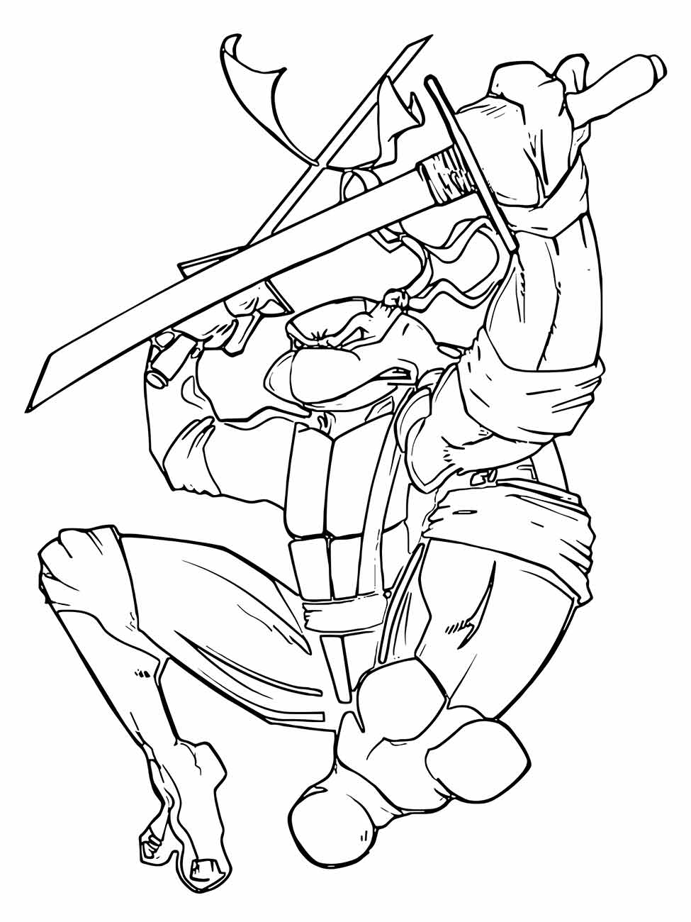 Desenho para colorir do Leonardo das Tartarugas Ninjas saltando com uma espada levantada.