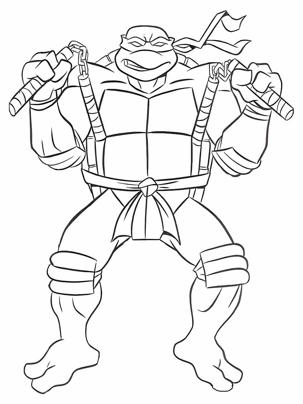 Desenho para colorir do Leonardo das Tartarugas Ninjas segurando duas espadas com expressão determinada.