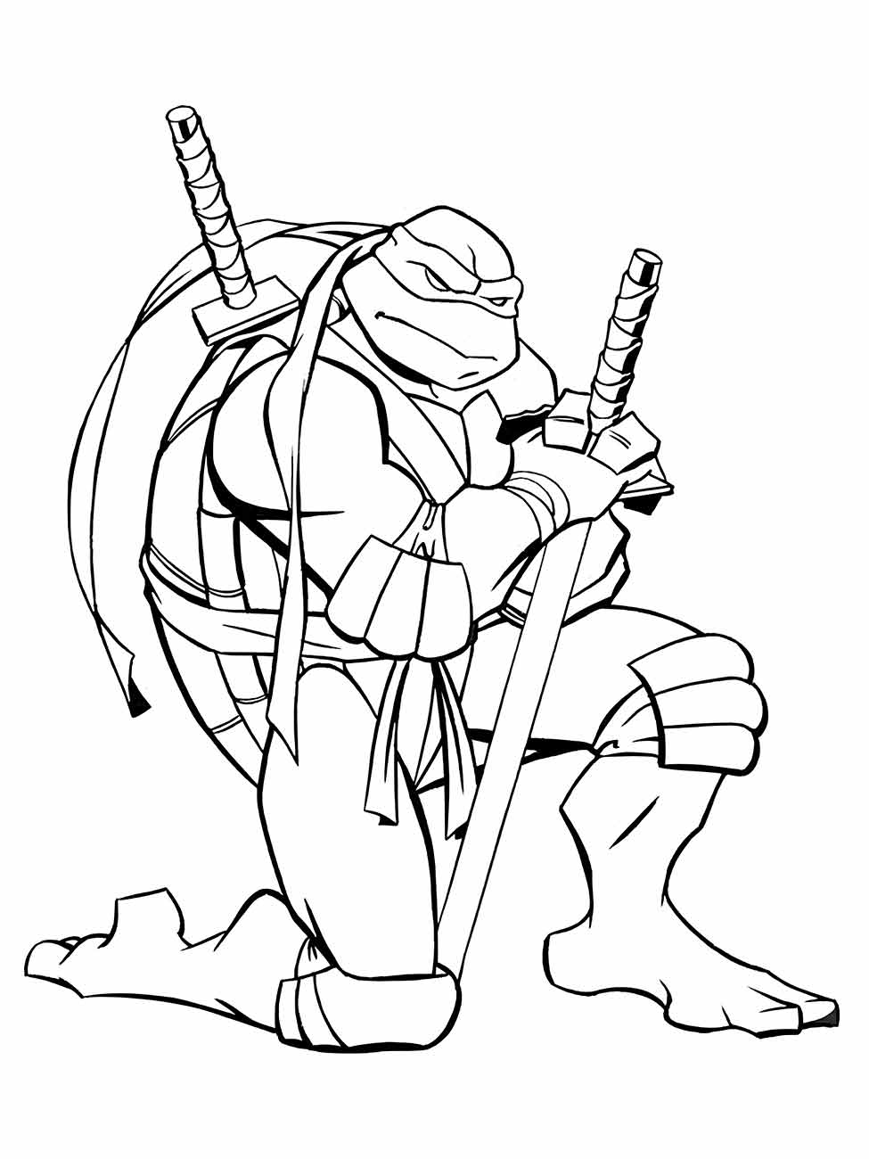 Desenho para colorir do Leonardo das Tartarugas Ninjas ajoelhado com duas espadas.