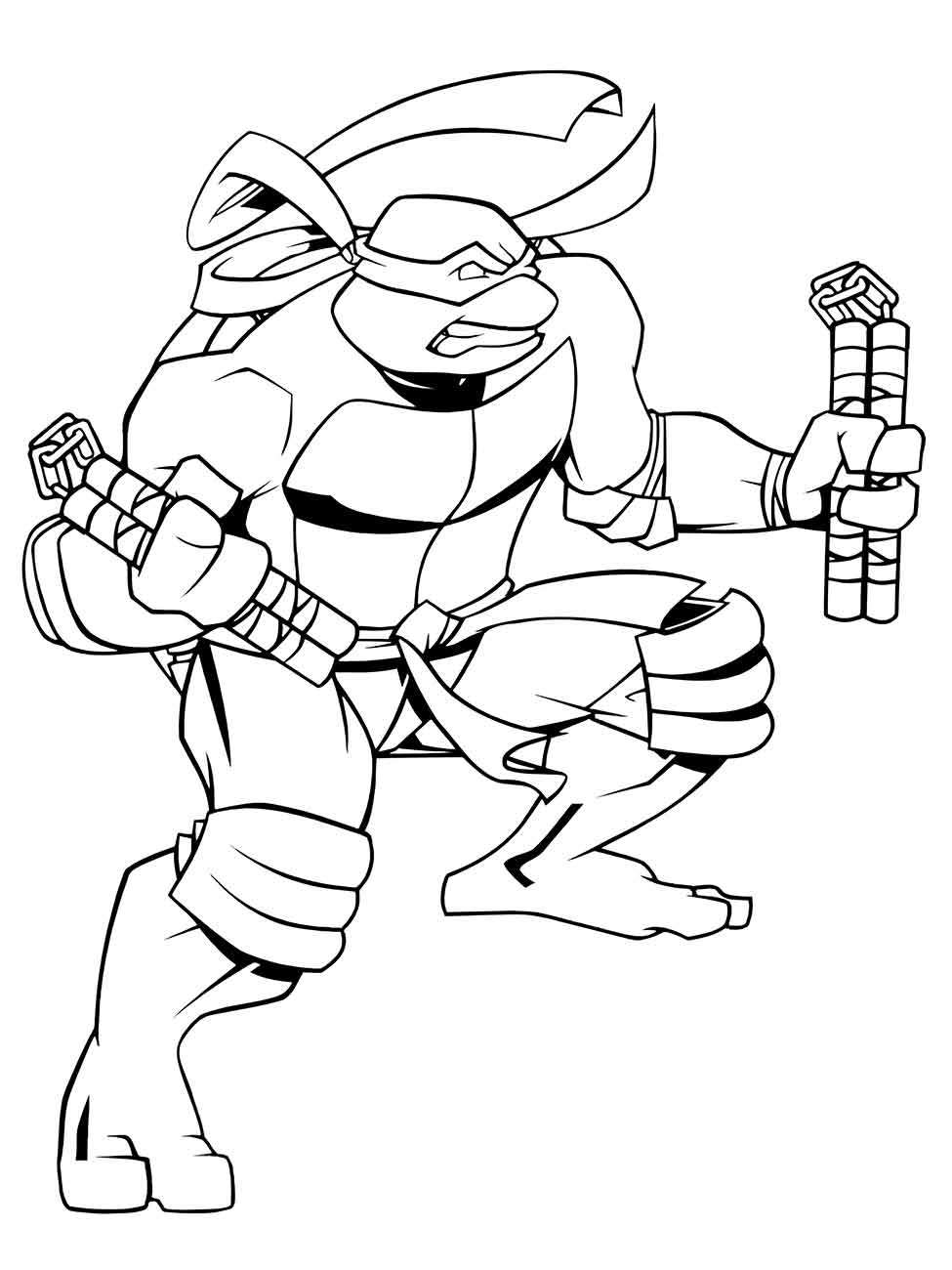 Desenho para colorir do Michelangelo das Tartarugas Ninjas com dois nunchakus.