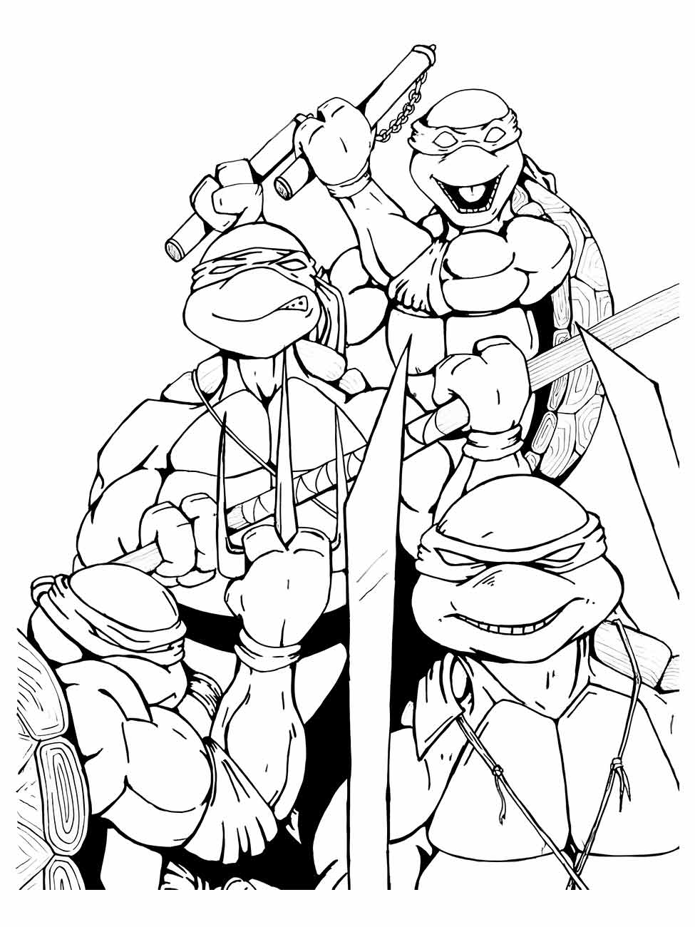 Desenho para colorir das Tartarugas Ninjas em grupo com suas armas.