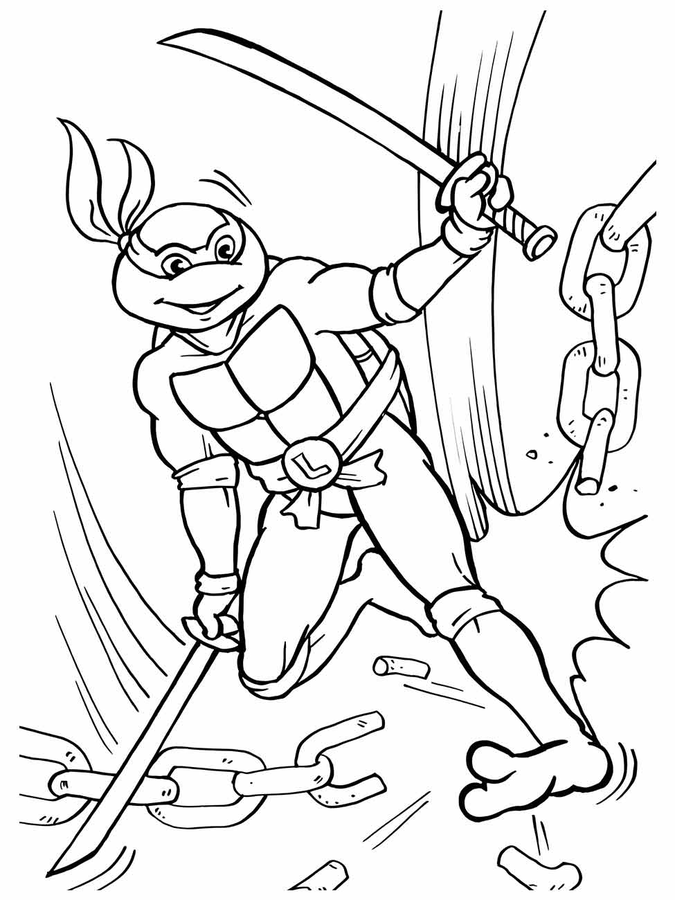 Desenho para colorir do Leonardo das Tartarugas Ninjas cortando uma corrente com sua espada.