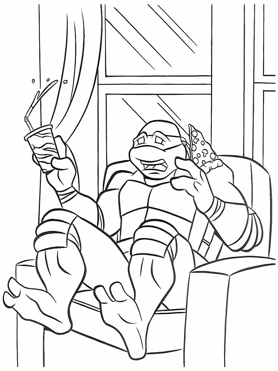 Desenho para colorir do Michelangelo das Tartarugas Ninjas relaxando com pizza e refrigerante.