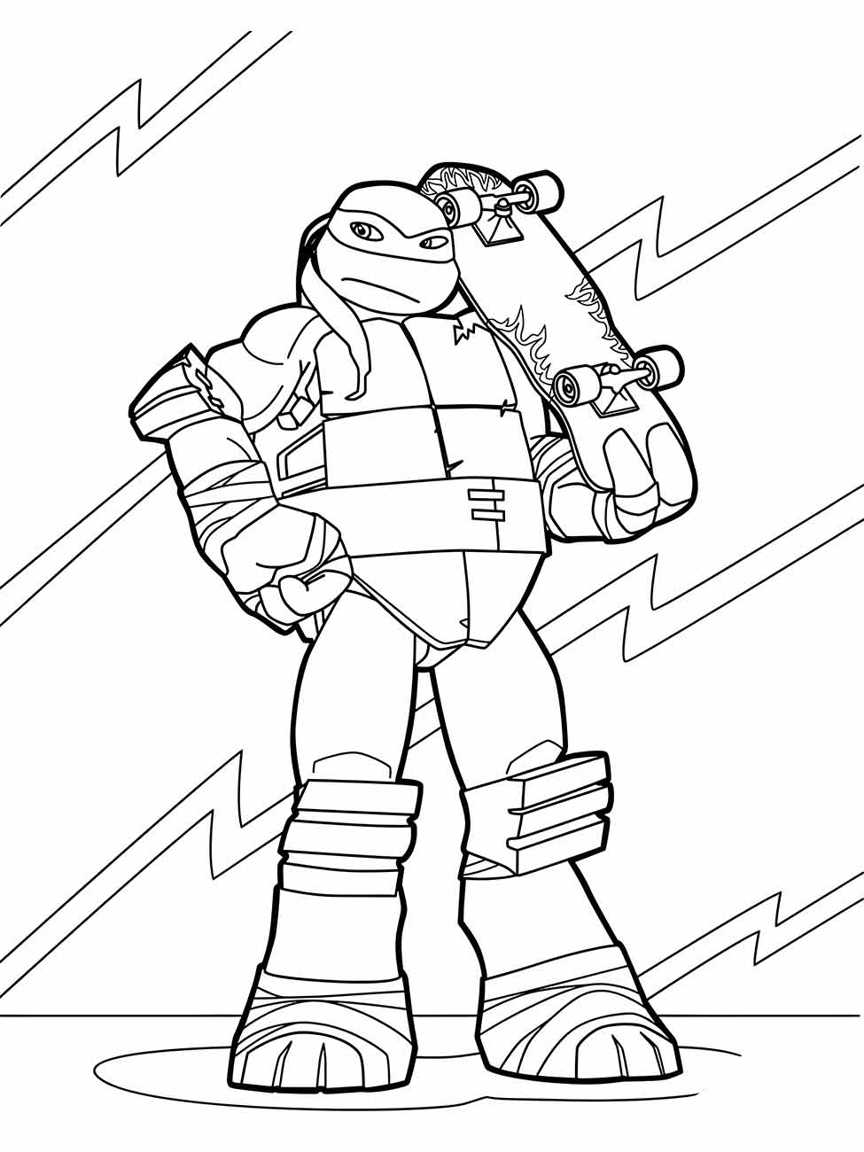 Desenho para colorir do Michelangelo das Tartarugas Ninjas segurando um skate.