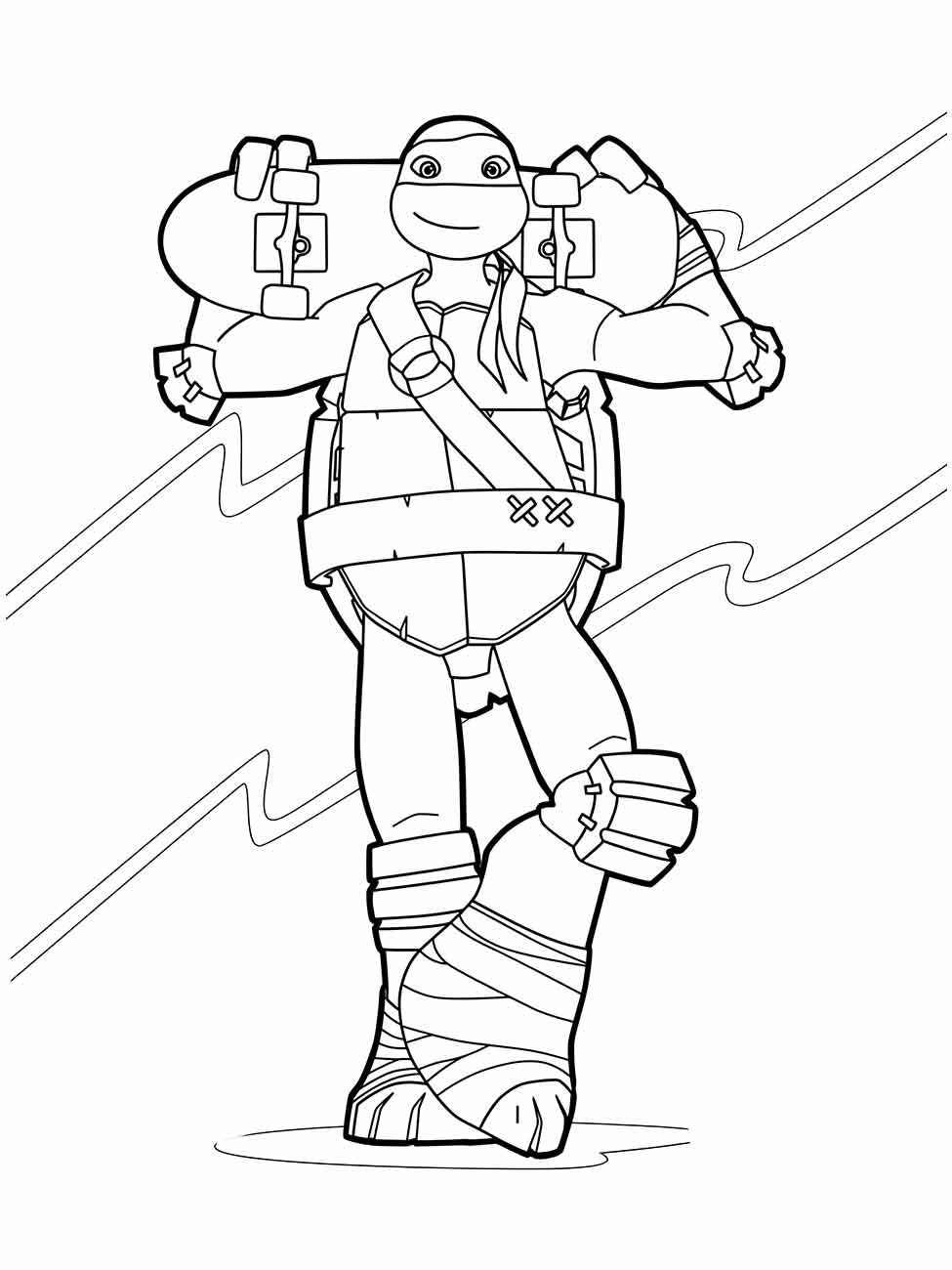 Desenho para colorir do Michelangelo das Tartarugas Ninjas com um skate nas costas.