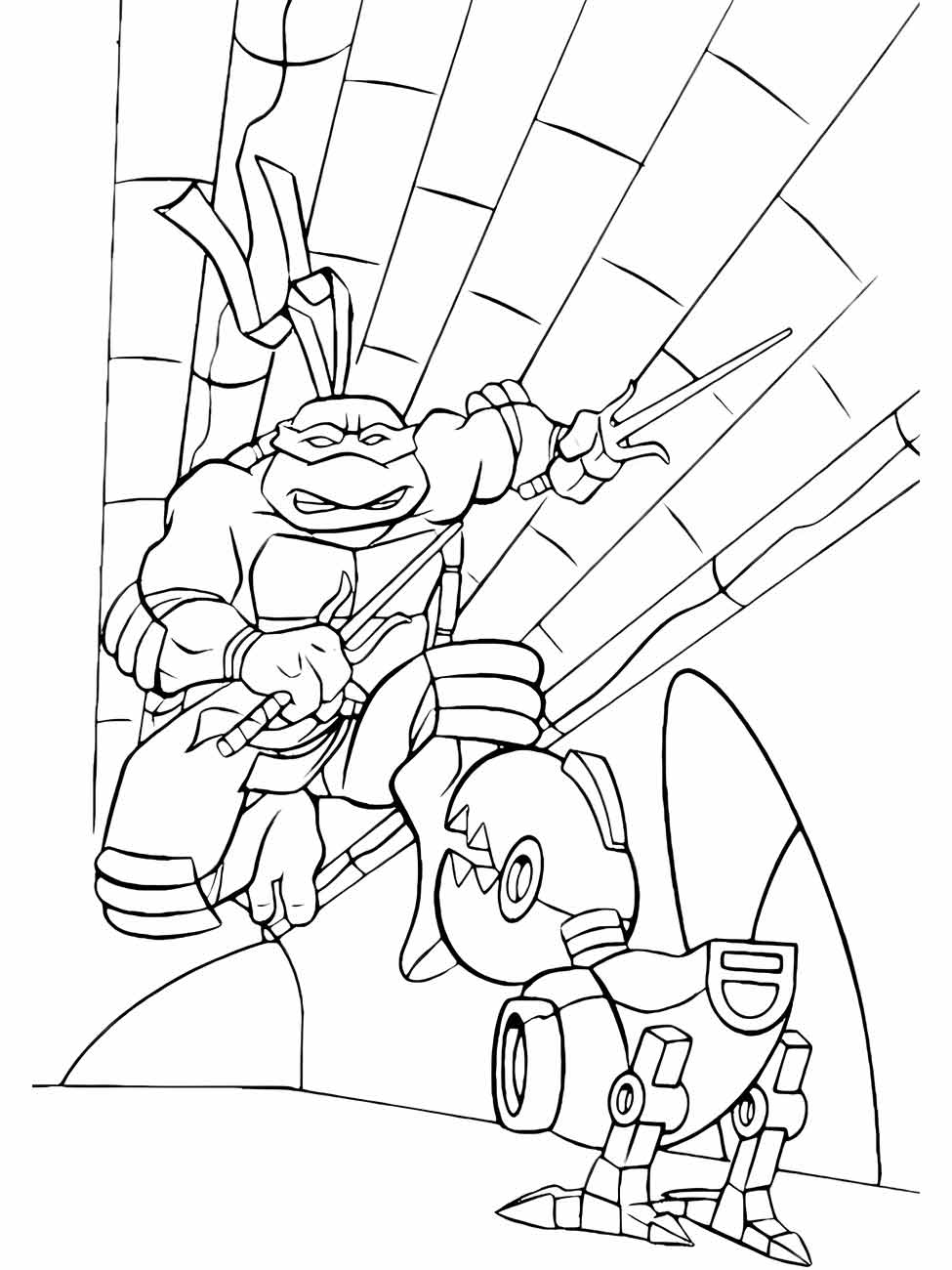 Desenho para colorir do Raphael das Tartarugas Ninjas enfrentando um robô no esgoto.