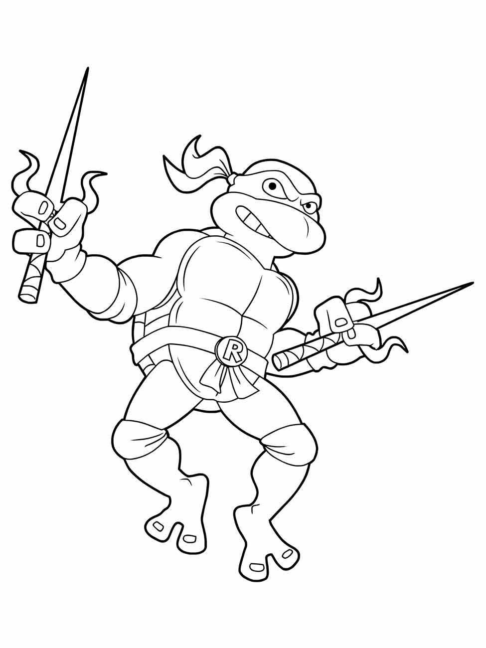 Desenho para colorir do Raphael das Tartarugas Ninjas com suas sais em ação.