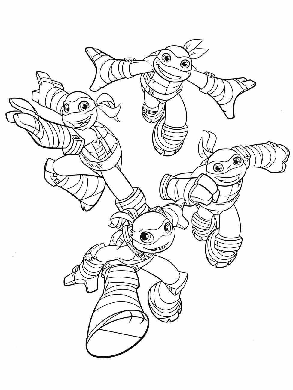 Desenho para colorir das Tartarugas Ninjas em grupo saltando juntos.