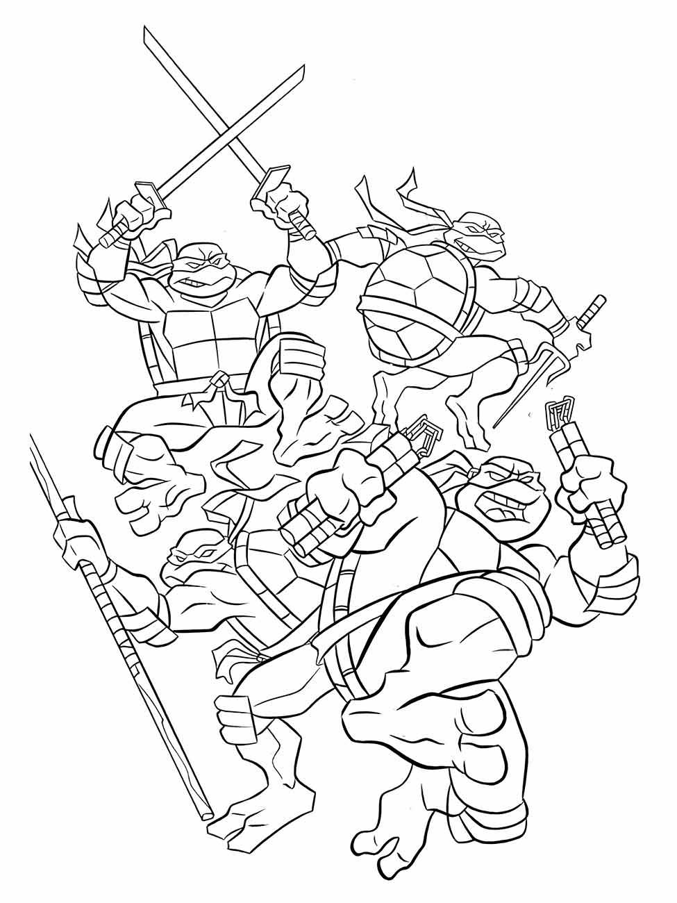 Desenho para colorir das Tartarugas Ninjas em ação com suas armas.