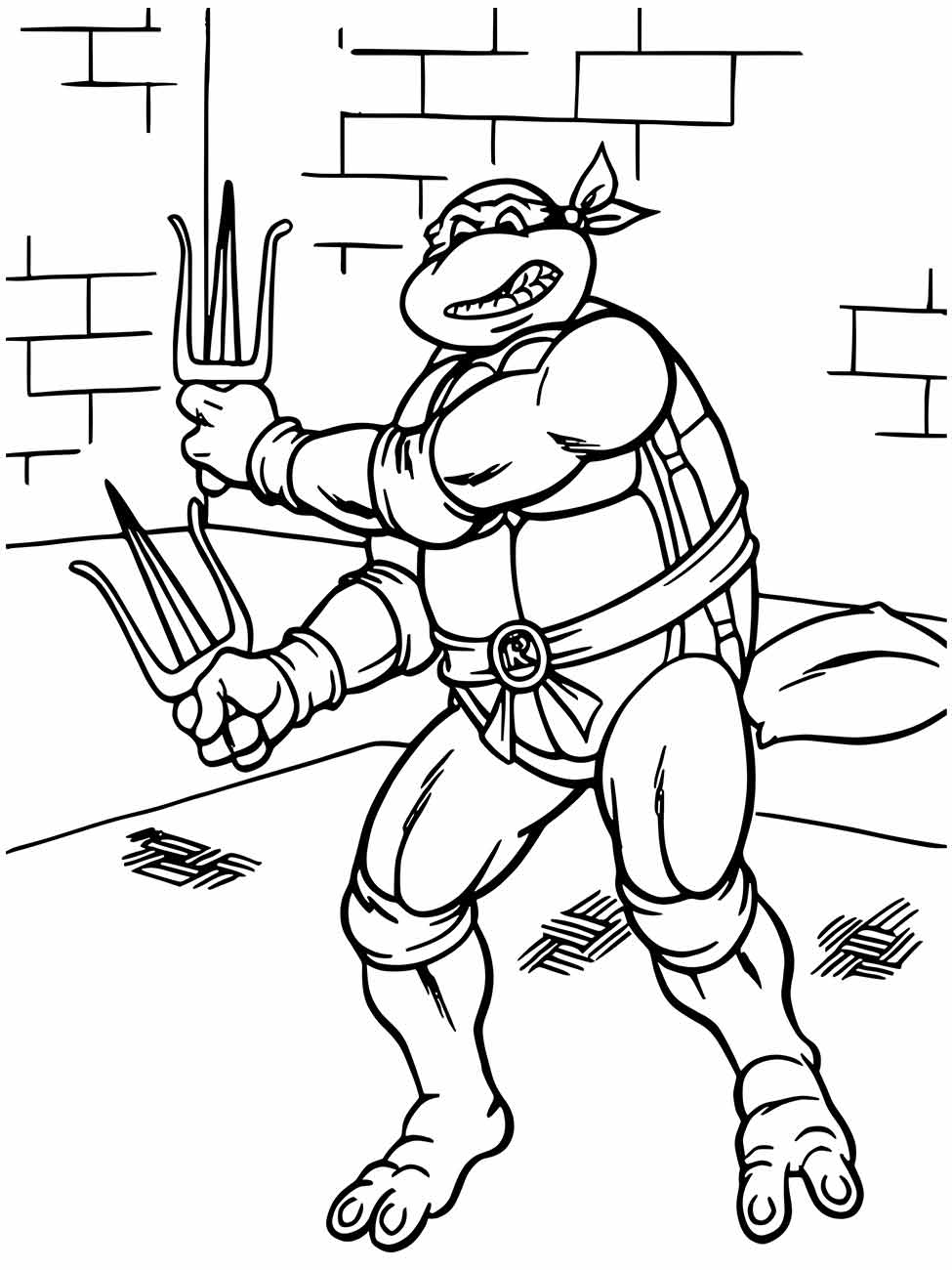 Desenho para colorir do Raphael das Tartarugas Ninjas segurando suas sais com um sorriso.