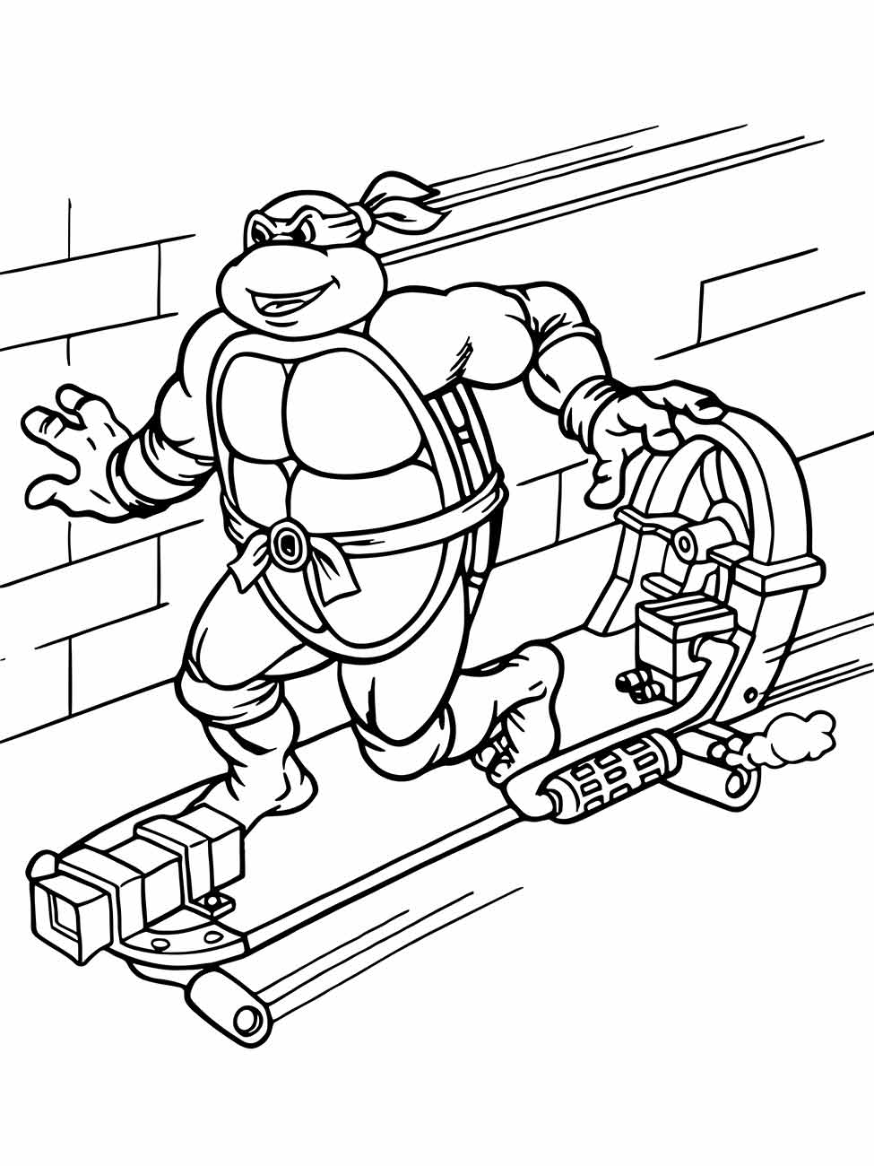 Desenho para colorir do Michelangelo das Tartarugas Ninjas correndo com um dispositivo tecnológico.