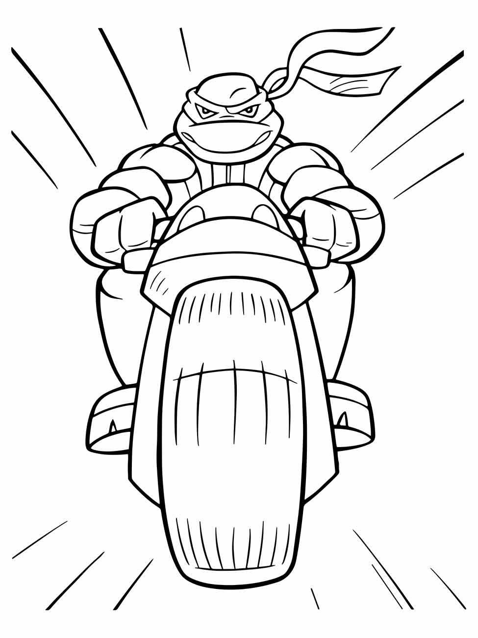 Desenho para colorir do Raphael das Tartarugas Ninjas pilotando uma motocicleta.