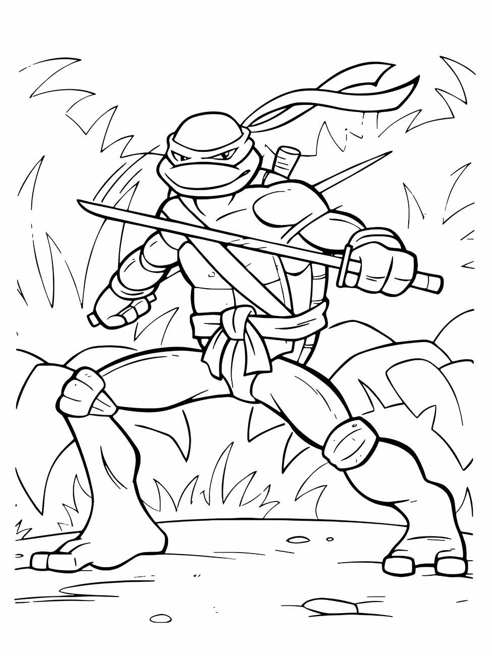 Desenho para colorir do Leonardo das Tartarugas Ninjas empunhando uma espada em posição de luta.