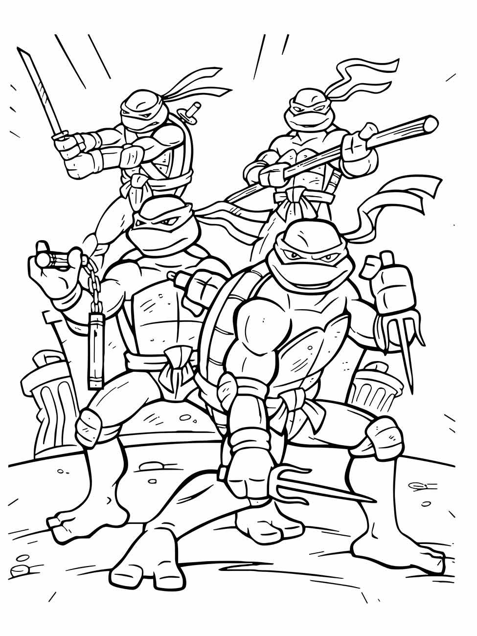 Desenho para colorir das Tartarugas Ninjas em grupo, cada um com suas armas em ação.