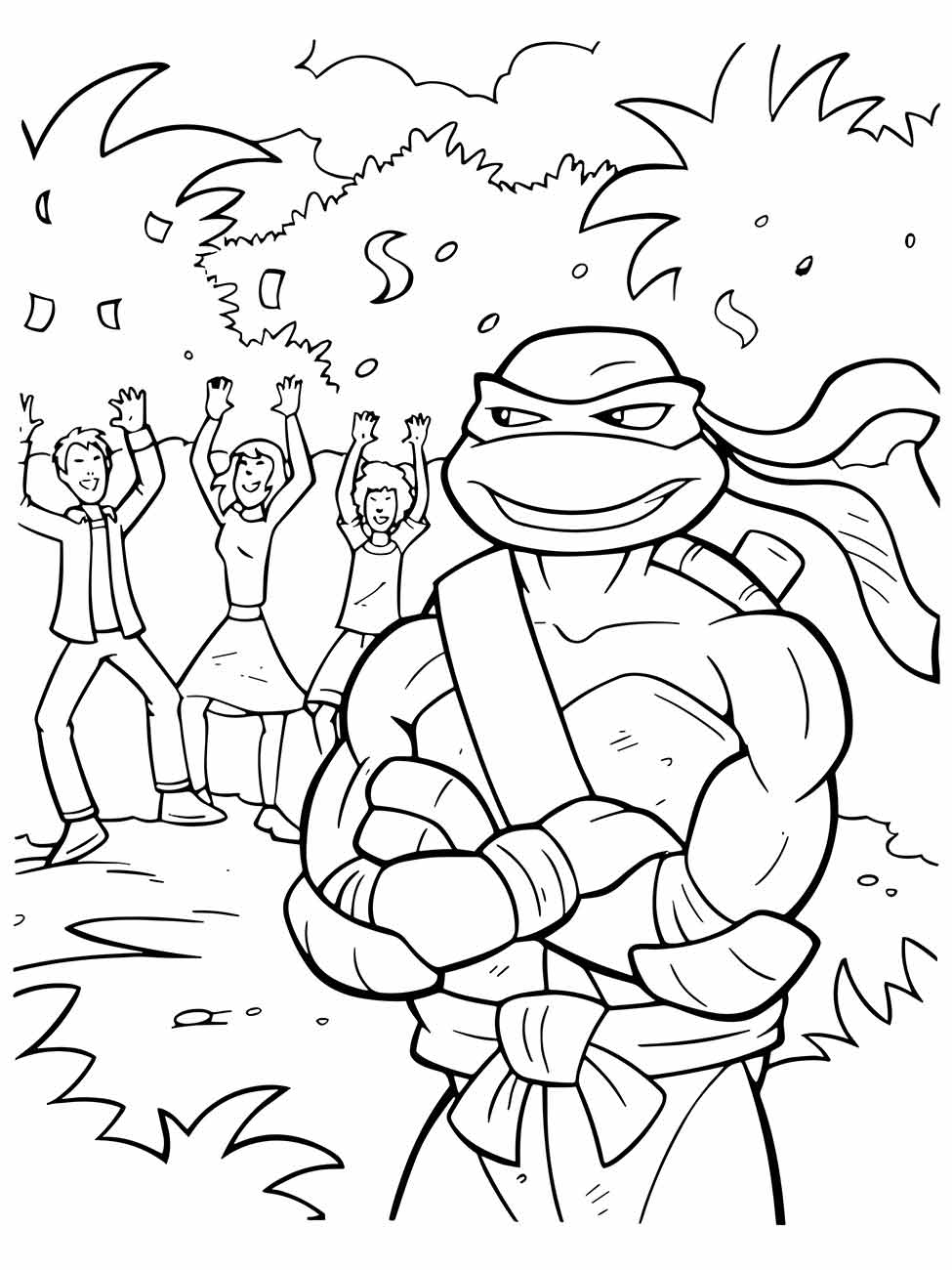 Desenho para colorir do Leonardo das Tartarugas Ninjas com pessoas comemorando ao fundo.