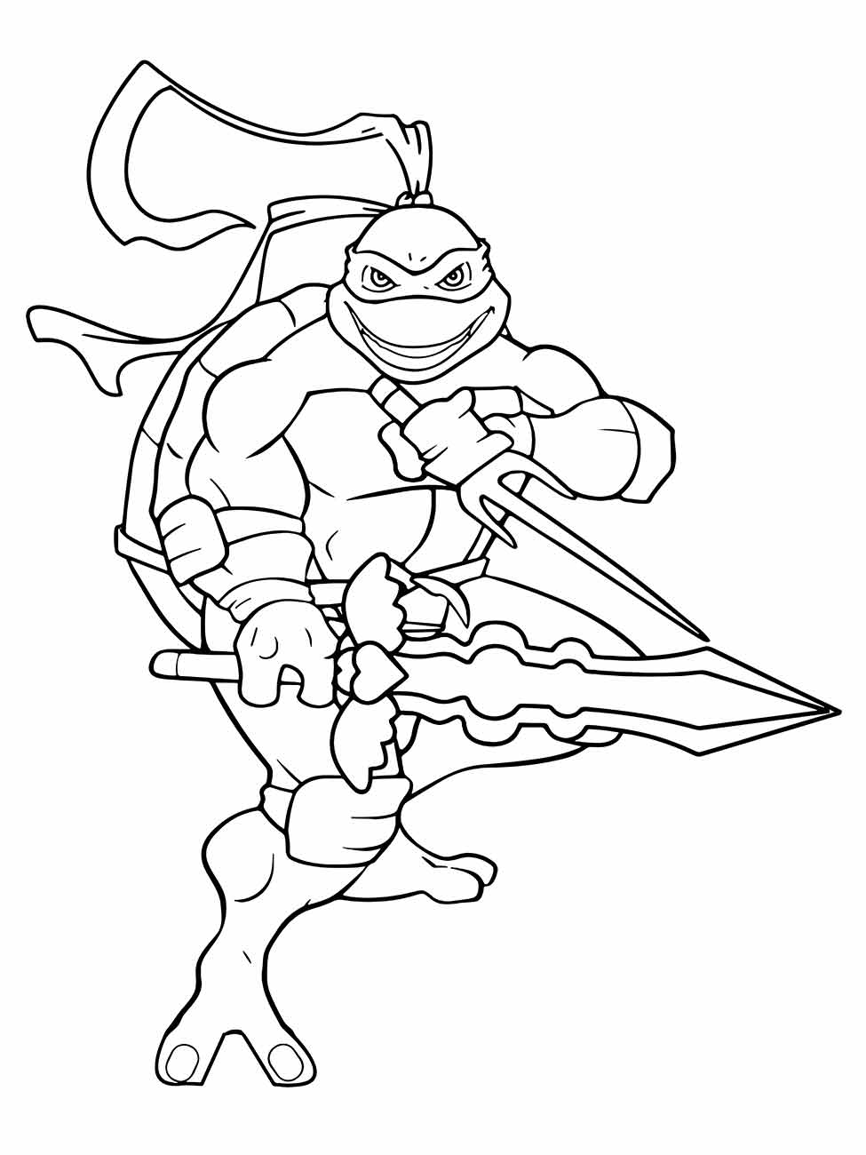 Desenho para colorir do Leonardo das Tartarugas Ninjas empunhando uma espada ornamentada.