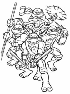 Desenho para colorir das Tartarugas Ninjas em grupo, prontos para a batalha com suas armas.