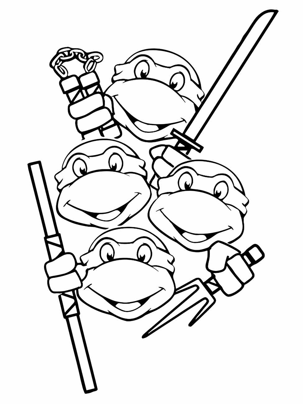 Desenho para colorir das Tartarugas Ninjas com rostos sorridentes e segurando suas armas.