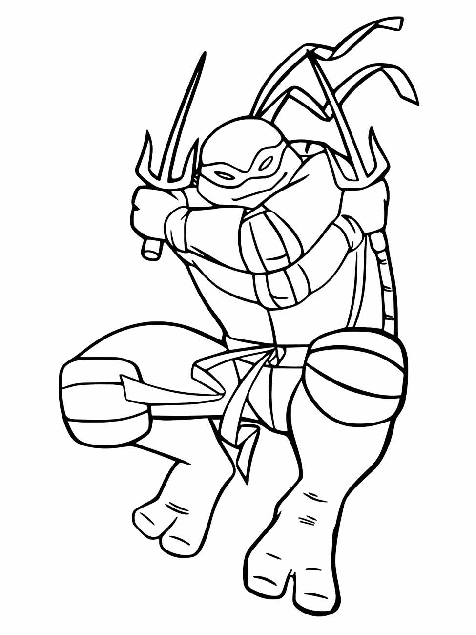 Desenho para colorir do Raphael das Tartarugas Ninjas em posição defensiva com suas sais.