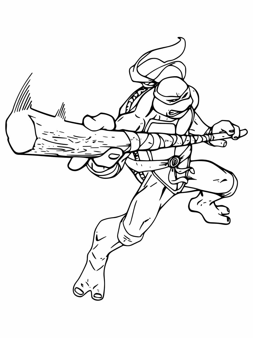 Desenho para colorir de Tartarugas Ninjas mostrando um dos personagens em movimento rápido, empunhando um bastão.