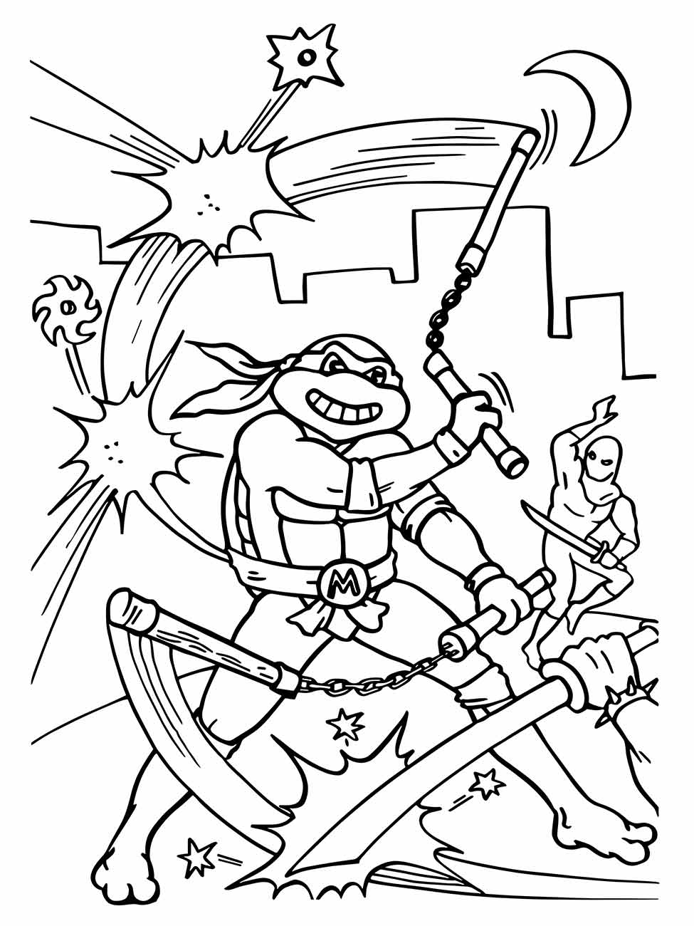 Desenho para colorir de Michelangelo das Tartarugas Ninjas, em ação com sua arma de corrente contra um fundo de cidade noturna.