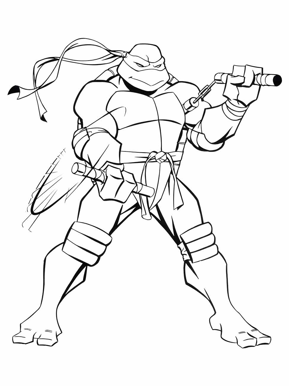 Desenho para colorir do Michelangelo das Tartarugas Ninjas com um nunchaku e uma corrente.