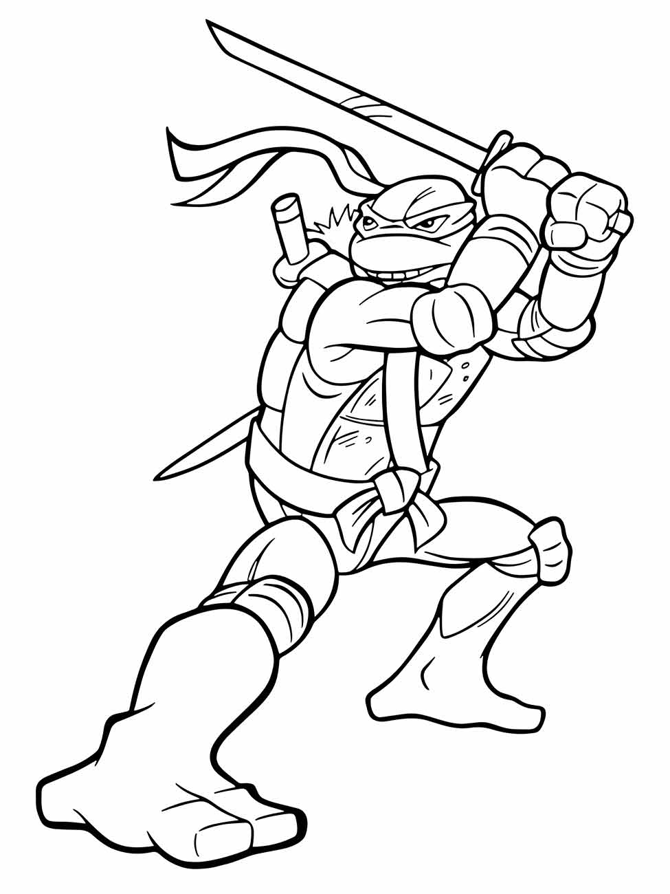 Desenho para colorir de Leonardo das Tartarugas Ninjas, atacando com sua espada em uma postura dinâmica.