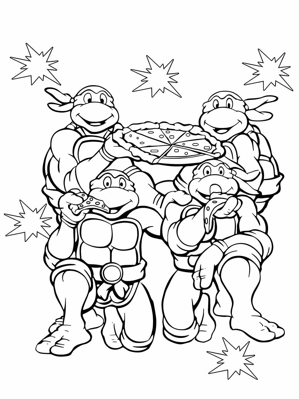 Desenho para colorir das Tartarugas Ninjas com Michelangelo, Donatello, Leonardo e Raphael compartilhando uma pizza.