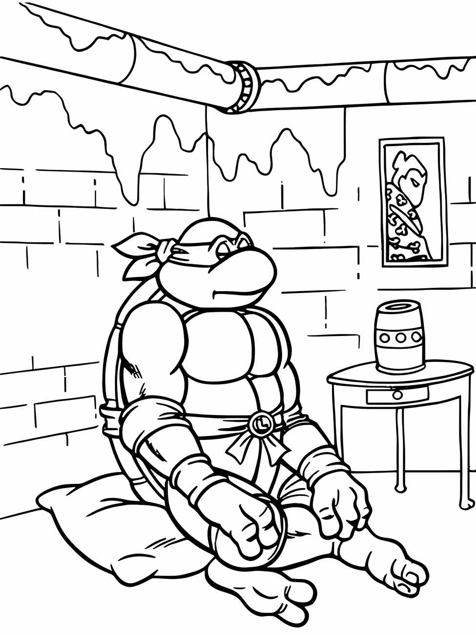 Desenho para colorir de Raphael das Tartarugas Ninjas meditando pacificamente em seu esconderijo.