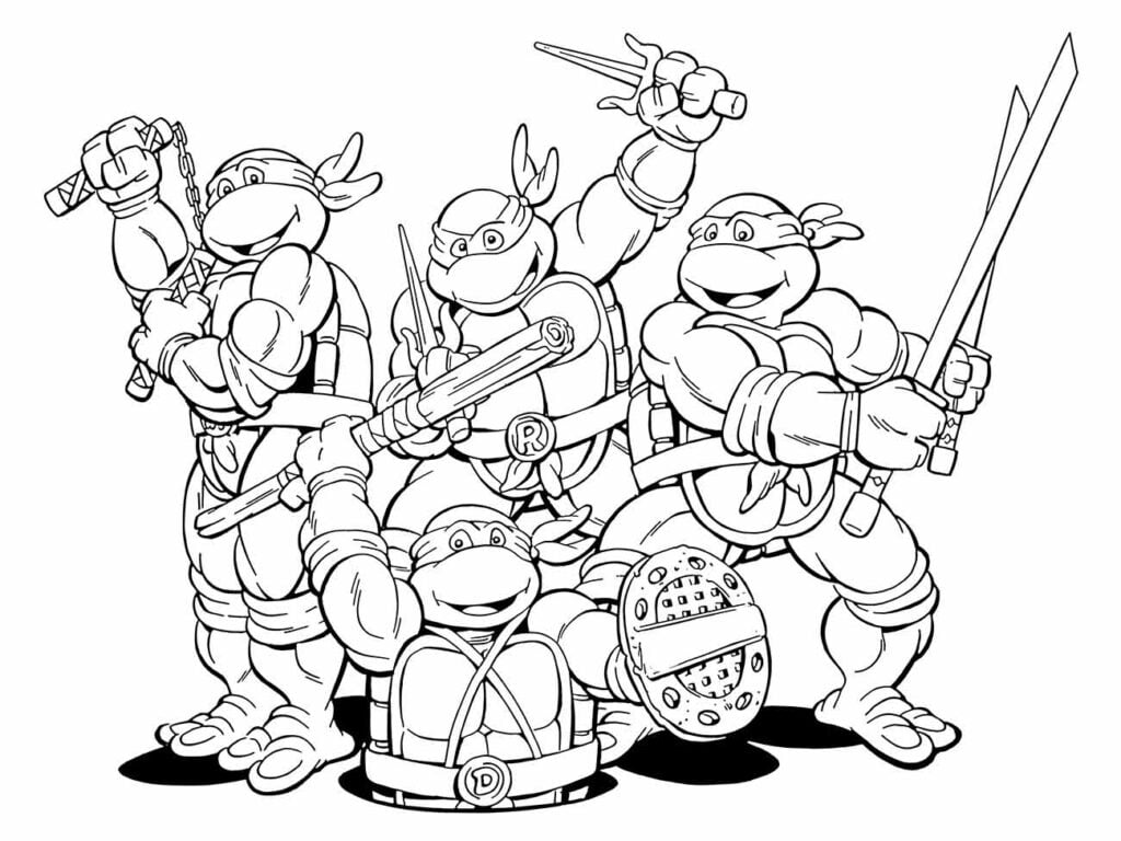 Desenho para colorir de todas as Tartarugas Ninjas em pose de combate, prontas para ação.