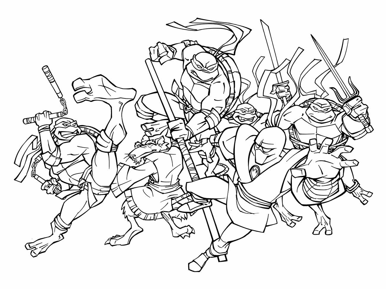 Desenho para colorir das Tartarugas Ninjas em batalha, com Leonardo, Michelangelo, Donatello e Raphael em ação intensa.