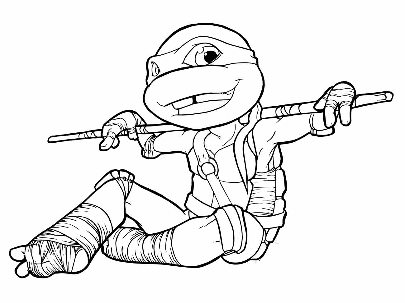 Desenho para colorir de Donatello das Tartarugas Ninjas, sorrindo enquanto se posiciona para a luta com seu bastão.