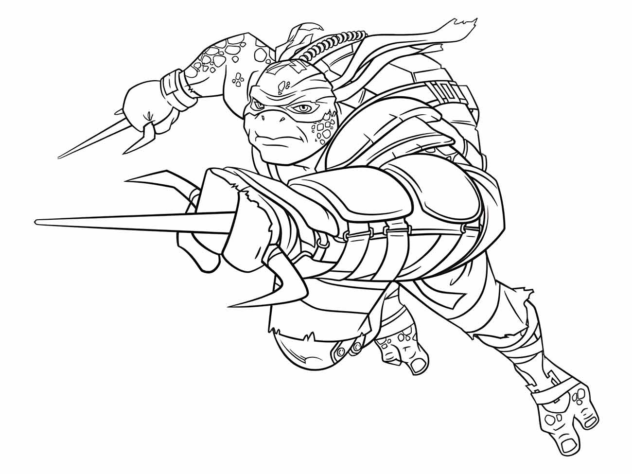 Desenho para colorir de Leonardo das Tartarugas Ninjas em pose de ataque, com espada pronta e uma expressão determinada.