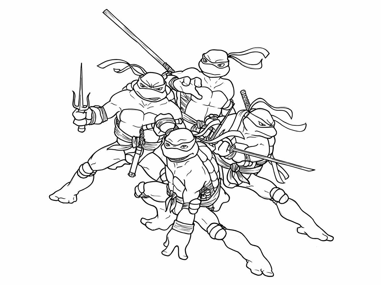 Desenho para colorir das Tartarugas Ninjas prontas para o combate, com Leonardo, Michelangelo, Donatello e Raphael em posturas de luta.